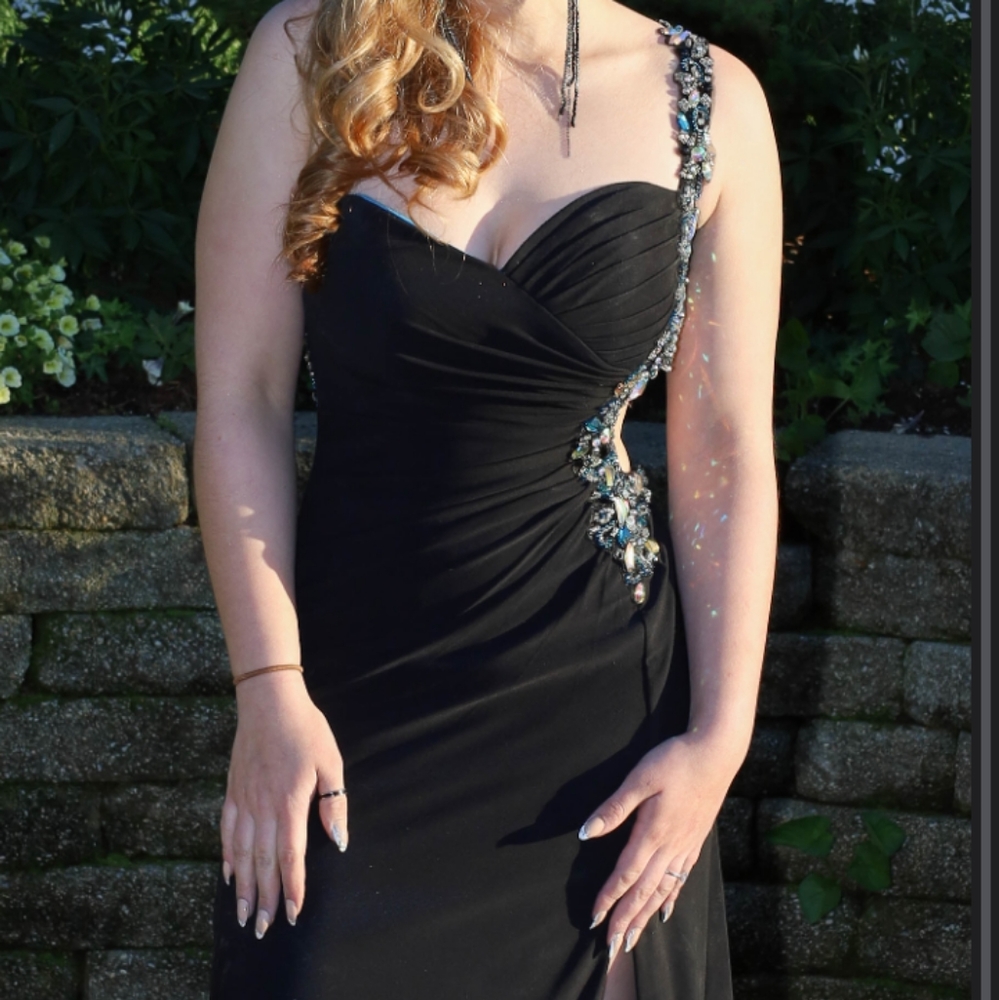 Women's Black & Royal Blue Beaded Jaoy Couture Floor Length Dress - Picture 2 of 16